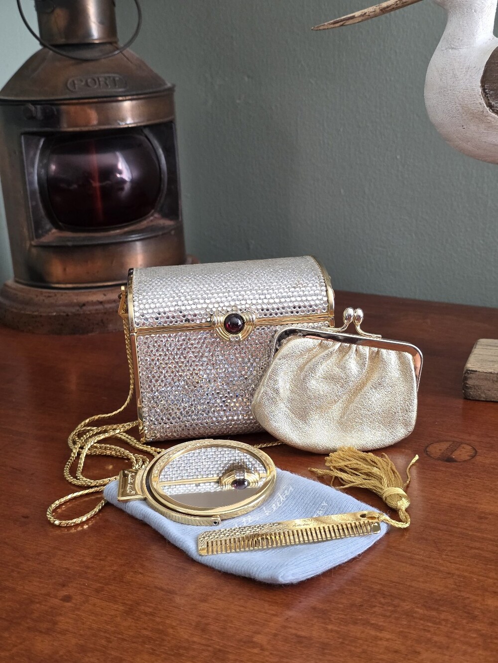 Judith Leiber Crystal Minaudiere Red Cabochon Clasp Evening Clutch Vintage